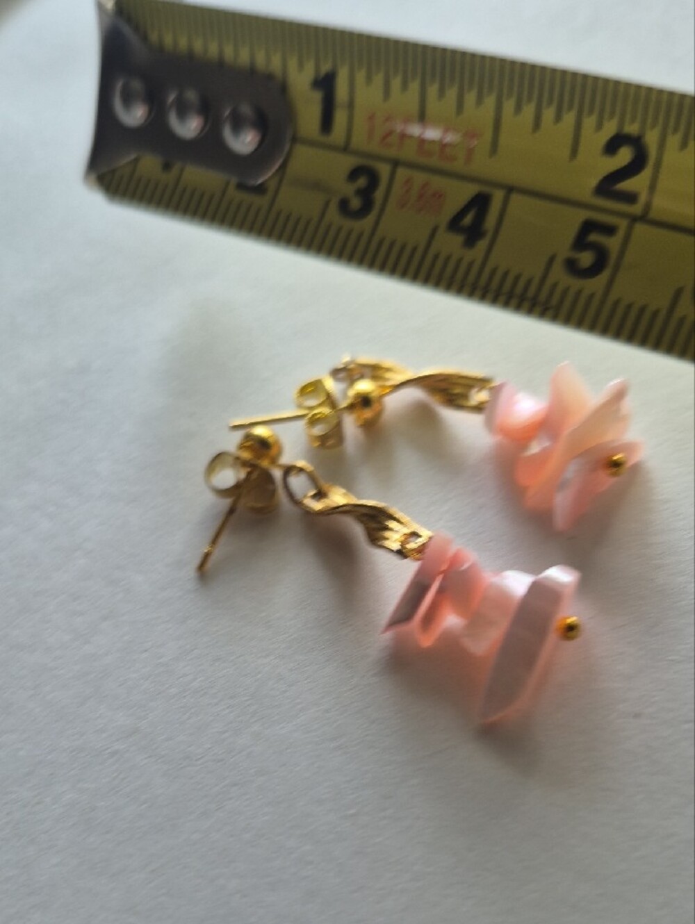 Handmade Pink Mother Of Pearl Shell Chip Drop Earrings - Gold Accents - Picture 6 of 6
